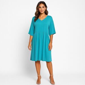 Eileen Fisher Turquoise V-Neck Dress Sz Large Coastal Chic Lightweight Flowy